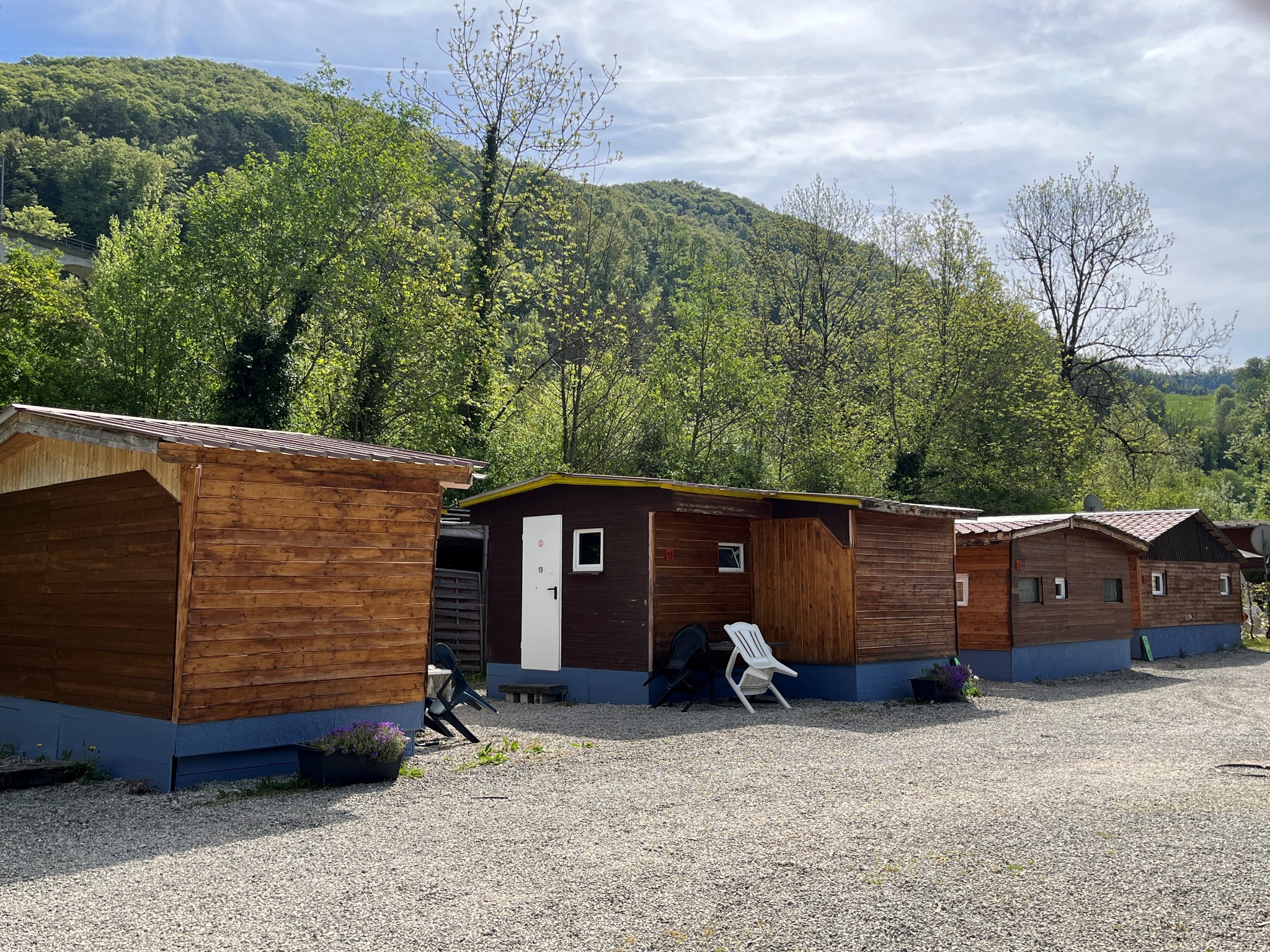 Wooden chalets at Le Chandelier campsite